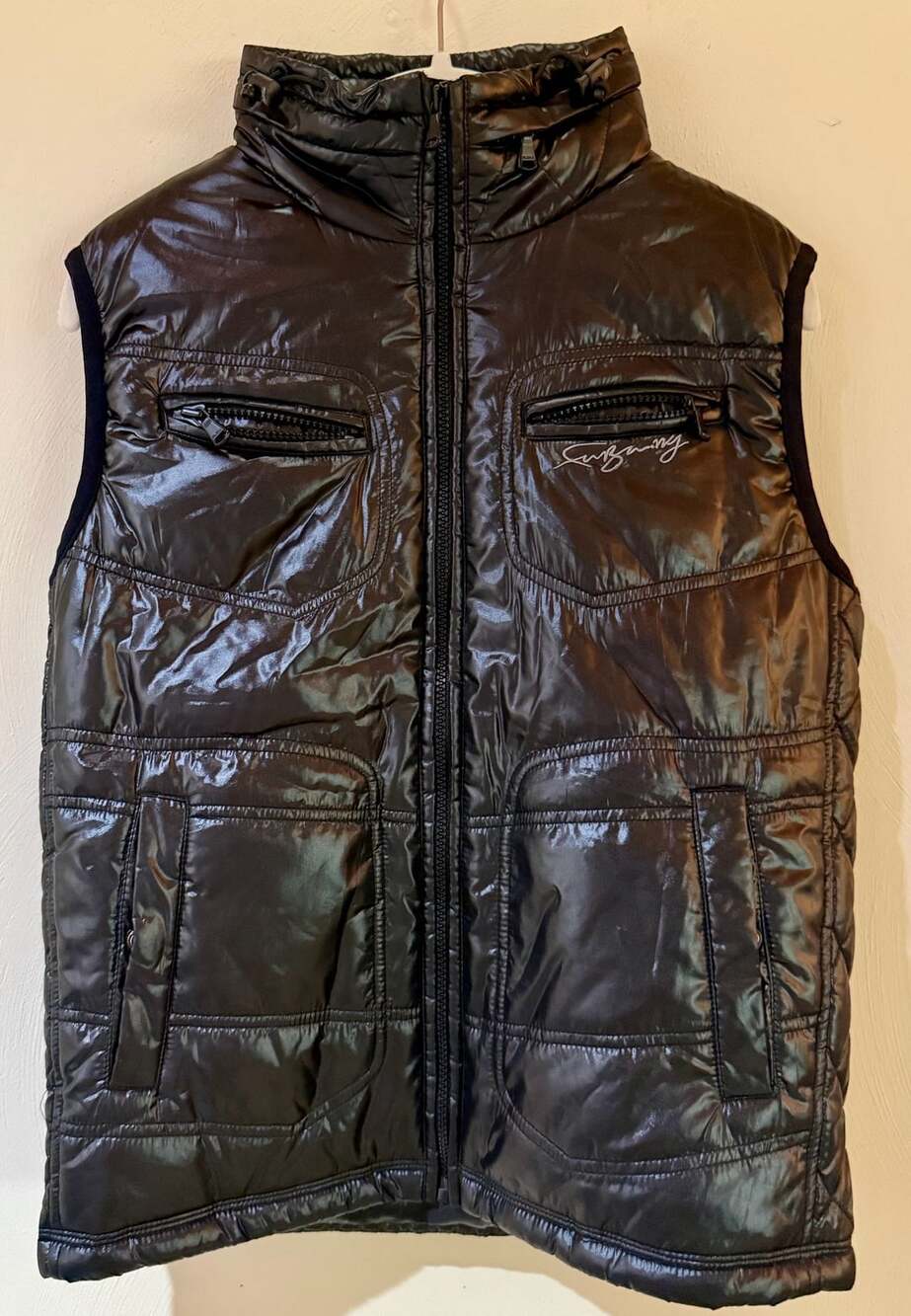 FUBU The Collection Puffer Vest XS 85 Black Shiny Korean Streetwear 2010 Y2K